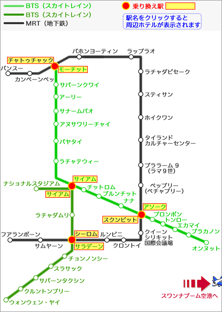 バンコク路線図ーBTS（スカイトレイン、高架鉄道）　MRT（地下鉄、メトロ）